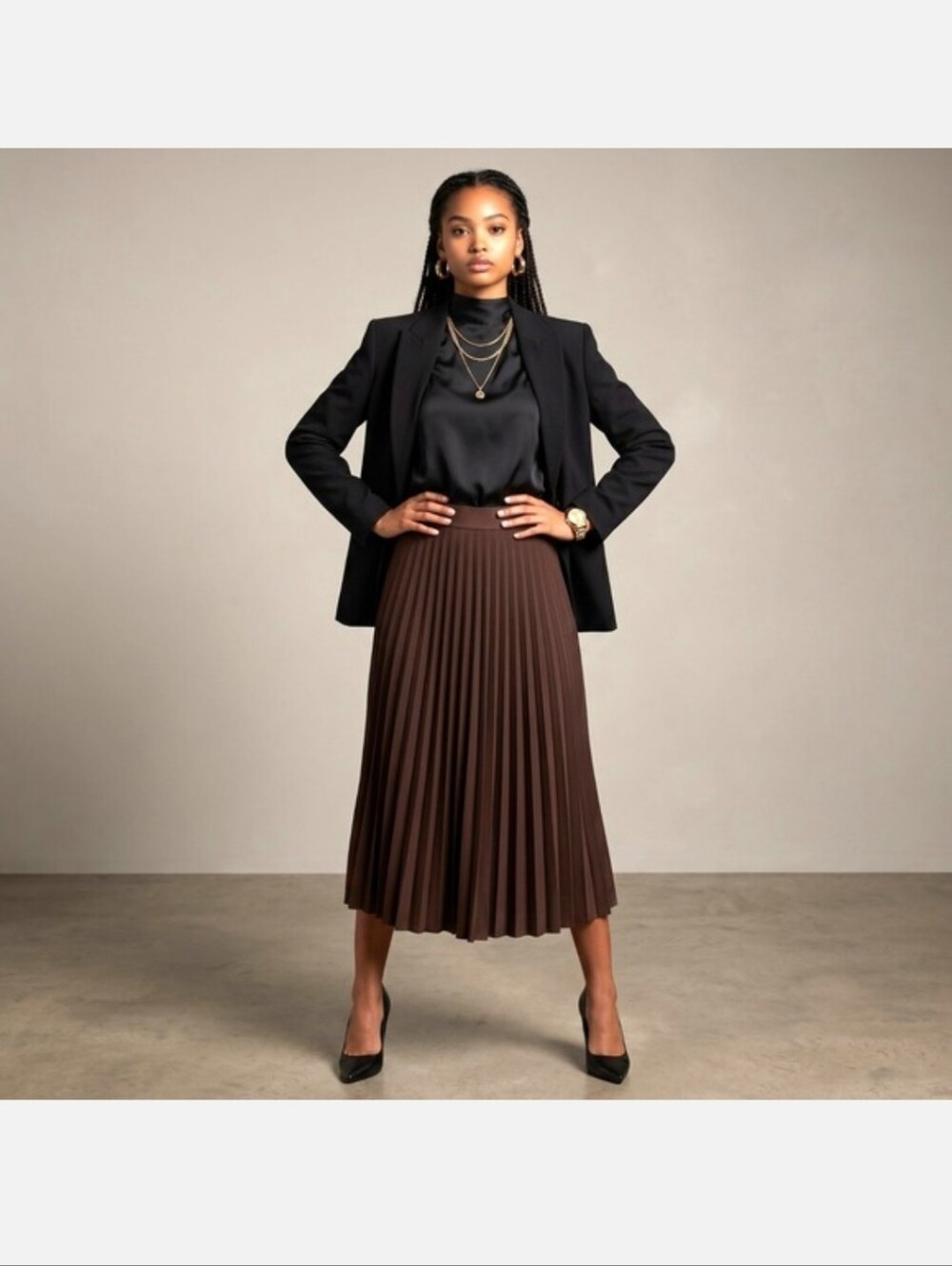 Brown Pleated Maxi Skirt